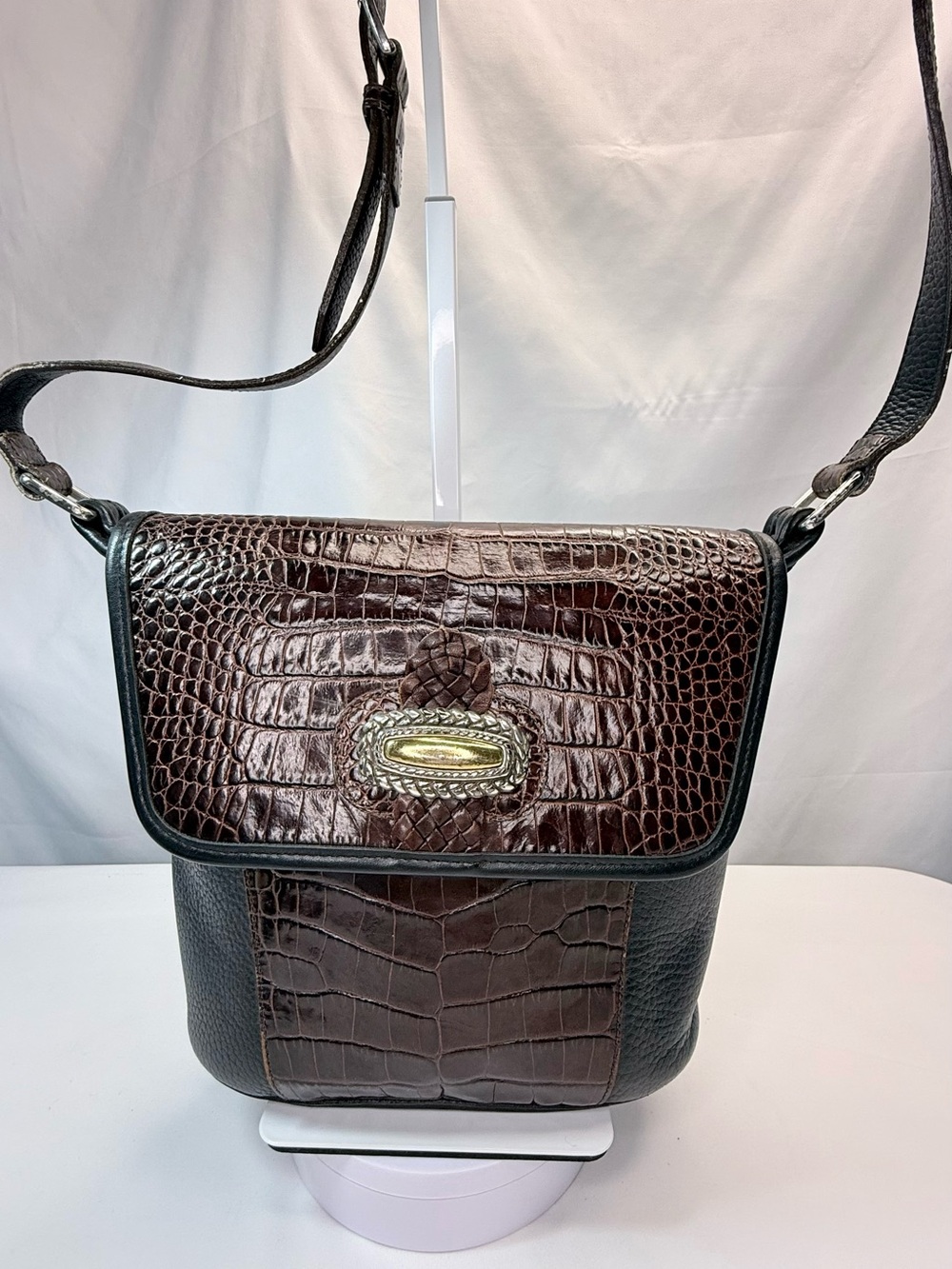Brighton Brown & Black Bucket Shoulder Bag Crocodile/Alligator Embossed EUC